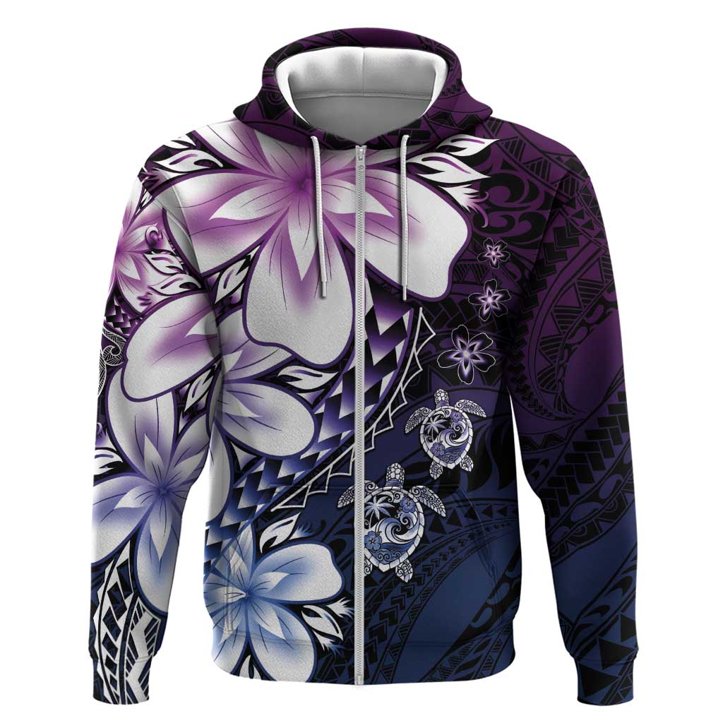Polynesia Romantic Valentine Zip Hoodie Sea Turtle Couple With Purple Gradient Plumeria