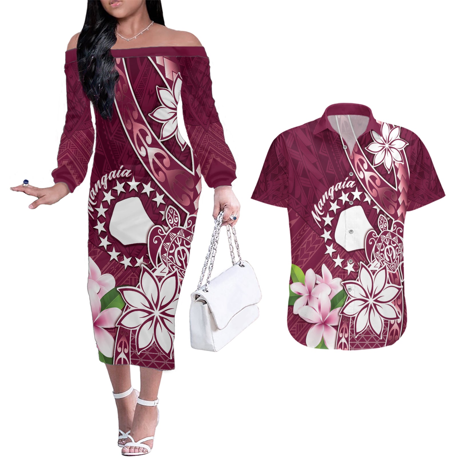 Personalised Cook Island Mangaia Gospel Day Couples Matching Off The Shoulder Long Sleeve Dress and Hawaiian Shirt Floral Tribal Pattern