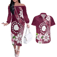 Personalised Cook Island Mangaia Gospel Day Couples Matching Off The Shoulder Long Sleeve Dress and Hawaiian Shirt Floral Tribal Pattern