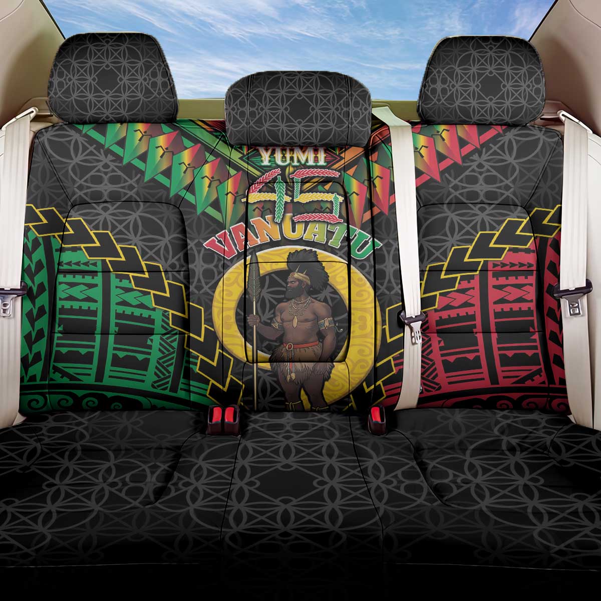 Vanuatu 45th Anniversary Independence Day Back Car Seat Cover Melanesian Warrior With Sand Drawing Pattern LT05