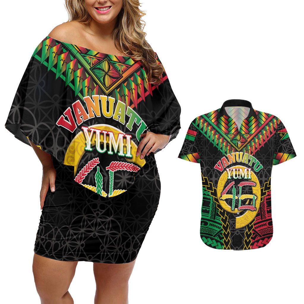 Vanuatu 46th Anniversary Independence Day Couples Matching Off Shoulder Short Dress and Hawaiian Shirt Melanesian Warrior With Sand Drawing Pattern LT05 Black - Polynesian Pride