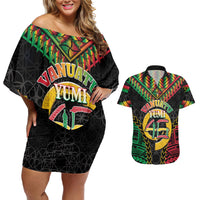 Vanuatu 46th Anniversary Independence Day Couples Matching Off Shoulder Short Dress and Hawaiian Shirt Melanesian Warrior With Sand Drawing Pattern LT05 Black - Polynesian Pride