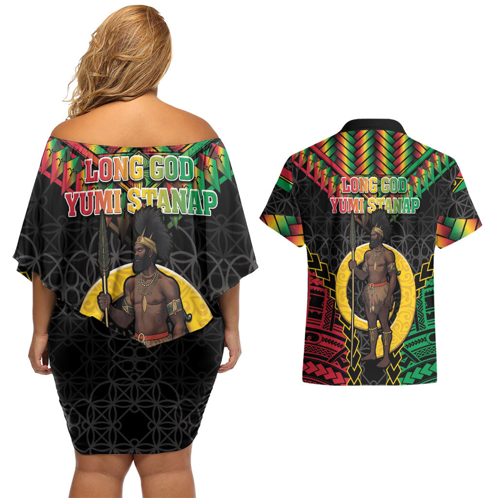 Vanuatu 46th Anniversary Independence Day Couples Matching Off Shoulder Short Dress and Hawaiian Shirt Melanesian Warrior With Sand Drawing Pattern LT05 - Polynesian Pride