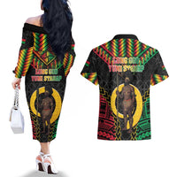 Vanuatu 45th Anniversary Independence Day Couples Matching Off The Shoulder Long Sleeve Dress and Hawaiian Shirt Melanesian Warrior With Sand Drawing Pattern LT05