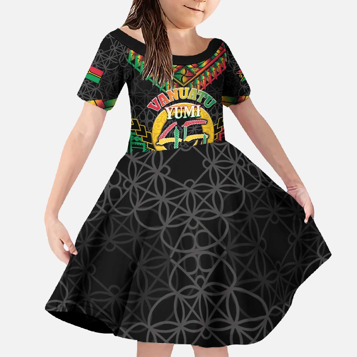 Vanuatu 45th Anniversary Independence Day Family Matching Off The Shoulder Long Sleeve Dress and Hawaiian Shirt Melanesian Warrior With Sand Drawing Pattern LT05