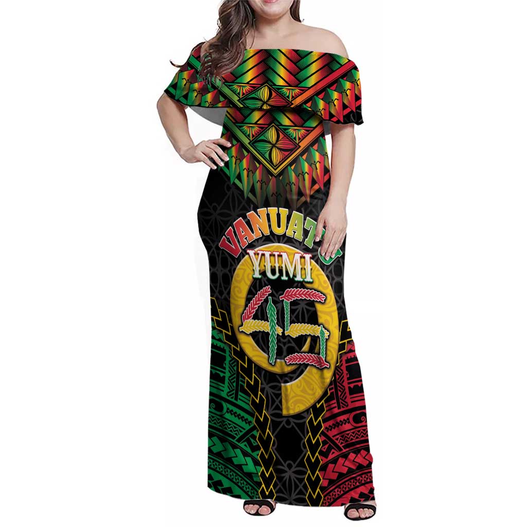 Vanuatu 45th Anniversary Independence Day Family Matching Off Shoulder Maxi Dress and Hawaiian Shirt Melanesian Warrior With Sand Drawing Pattern LT05