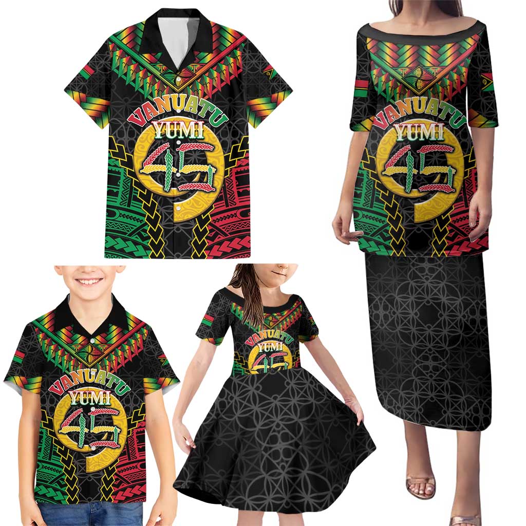 Vanuatu 45th Anniversary Independence Day Family Matching Puletasi and Hawaiian Shirt Melanesian Warrior With Sand Drawing Pattern LT05