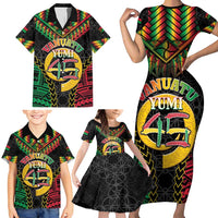 Vanuatu 45th Anniversary Independence Day Family Matching Short Sleeve Bodycon Dress and Hawaiian Shirt Melanesian Warrior With Sand Drawing Pattern LT05
