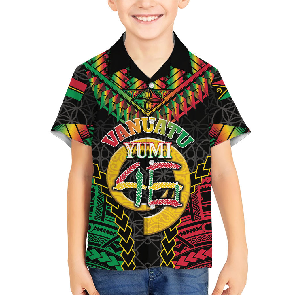 Vanuatu 46th Anniversary Independence Day Kid Hawaiian Shirt Melanesian Warrior With Sand Drawing Pattern LT05 Kid Black - Polynesian Pride