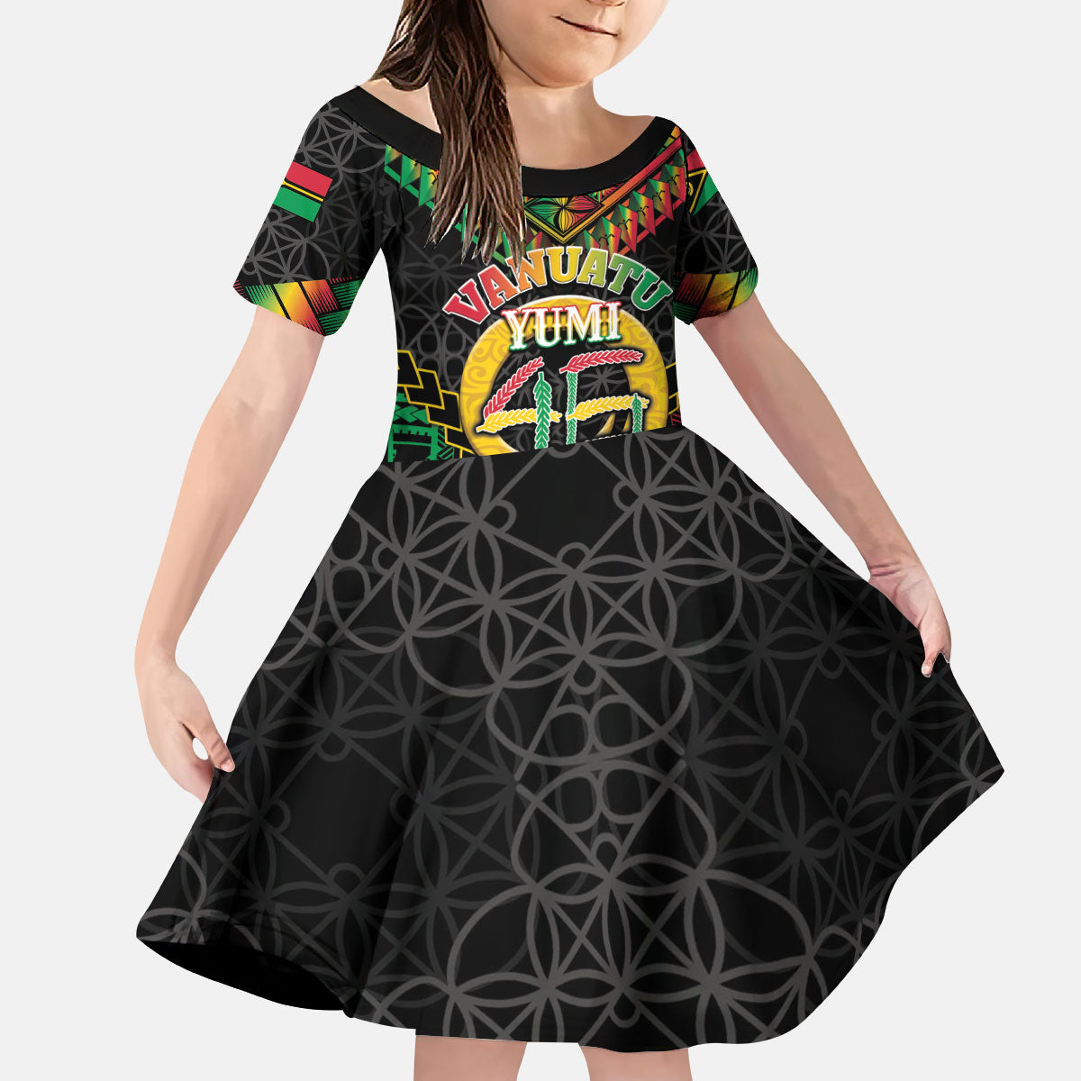 Vanuatu 46th Anniversary Independence Day Kid Short Sleeve Dress Melanesian Warrior With Sand Drawing Pattern LT05 KID Black - Polynesian Pride
