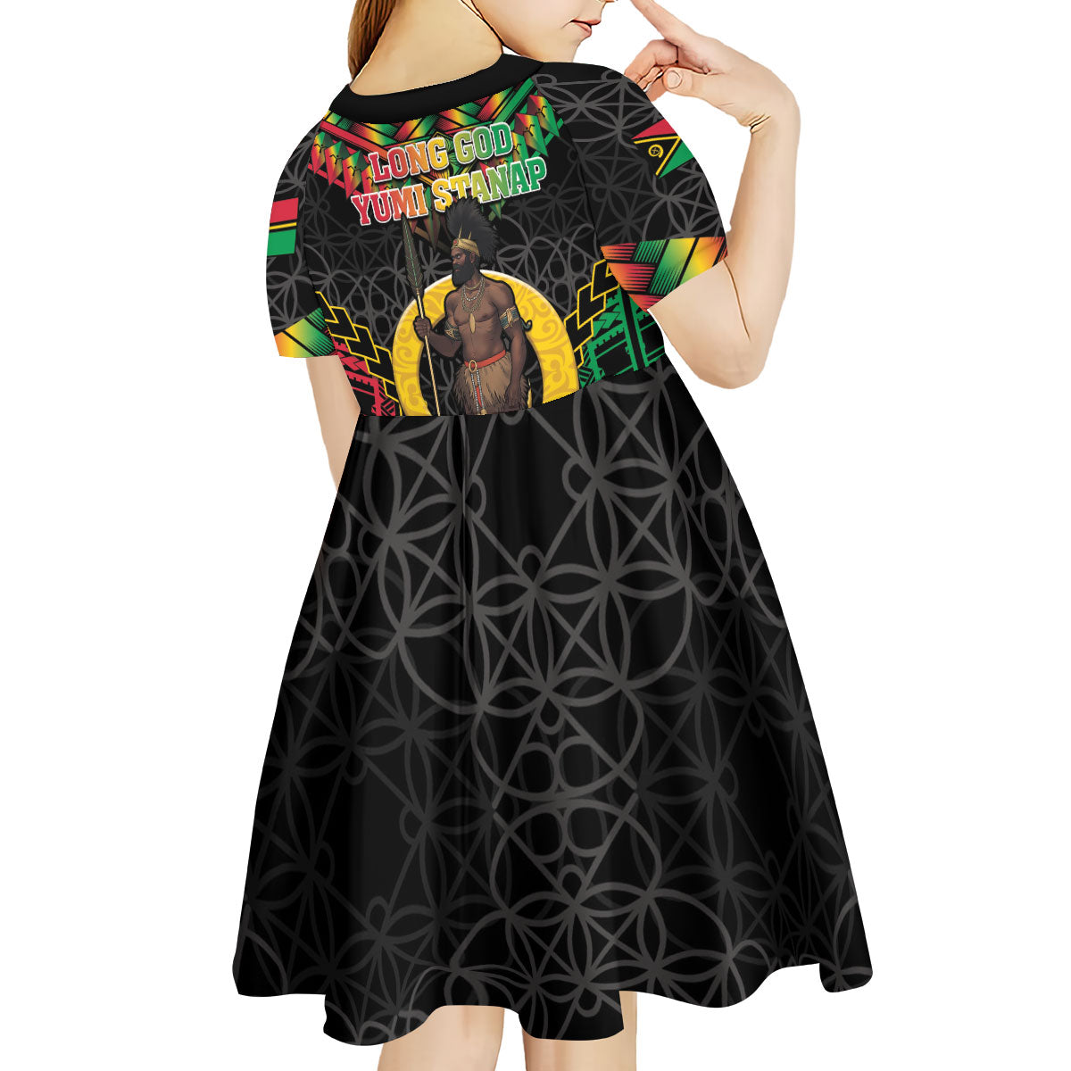 Vanuatu 46th Anniversary Independence Day Kid Short Sleeve Dress Melanesian Warrior With Sand Drawing Pattern LT05 - Polynesian Pride
