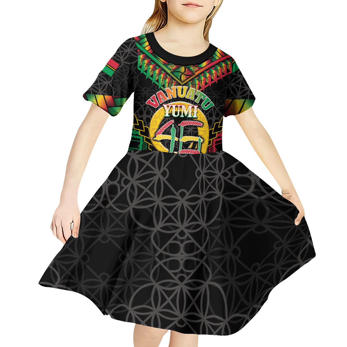 Vanuatu 46th Anniversary Independence Day Kid Short Sleeve Dress Melanesian Warrior With Sand Drawing Pattern LT05 - Polynesian Pride