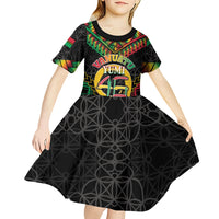 Vanuatu 46th Anniversary Independence Day Kid Short Sleeve Dress Melanesian Warrior With Sand Drawing Pattern LT05 - Polynesian Pride