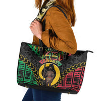 Vanuatu 45th Anniversary Independence Day Leather Tote Bag Melanesian Warrior With Sand Drawing Pattern LT05