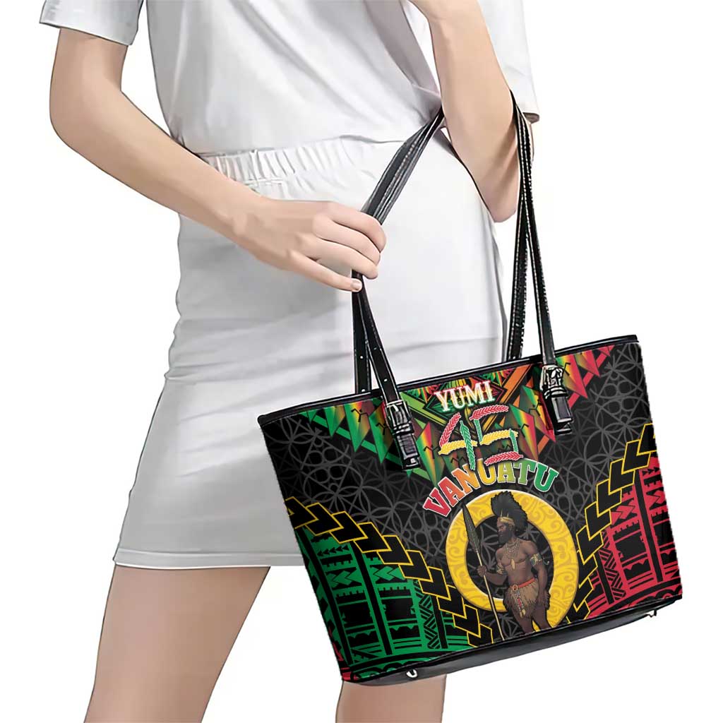Vanuatu 45th Anniversary Independence Day Leather Tote Bag Melanesian Warrior With Sand Drawing Pattern LT05