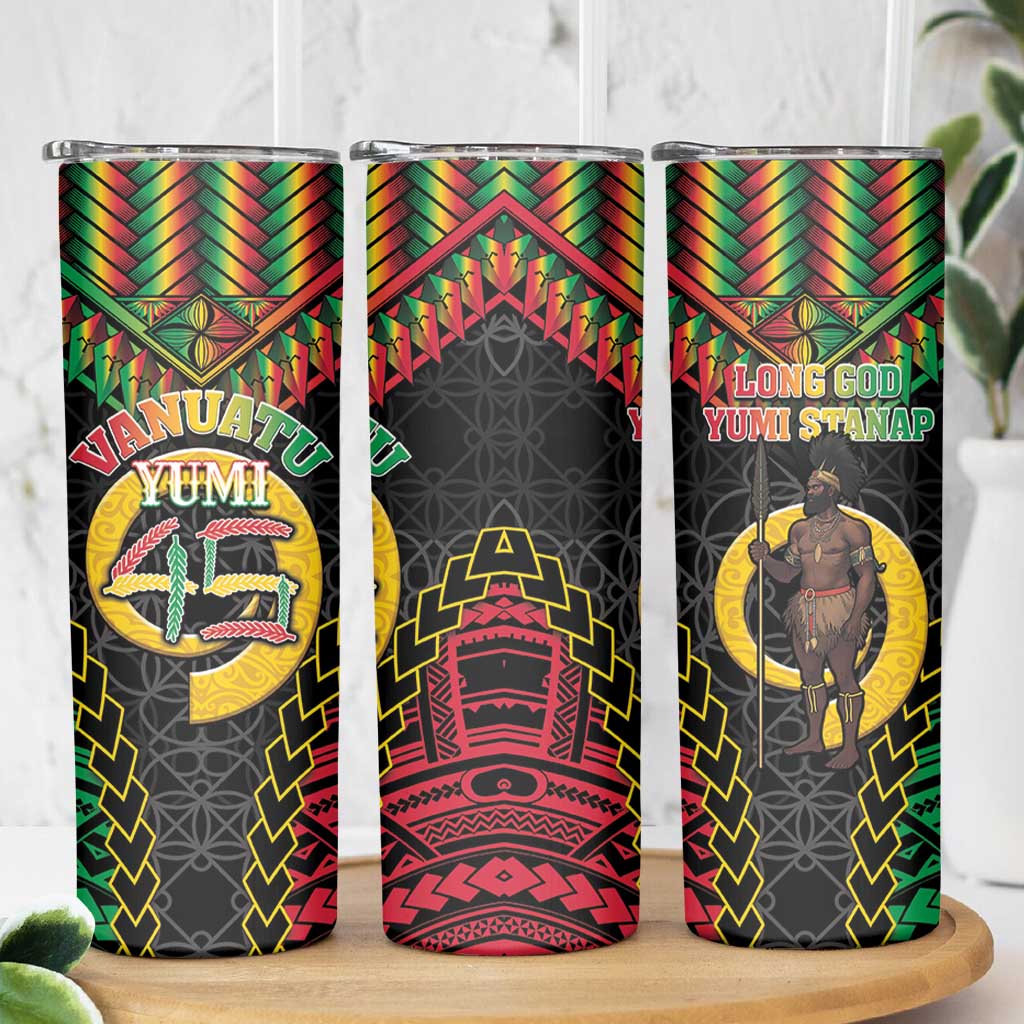 Vanuatu 45th Anniversary Independence Day Skinny Tumbler Melanesian Warrior With Sand Drawing Pattern LT05