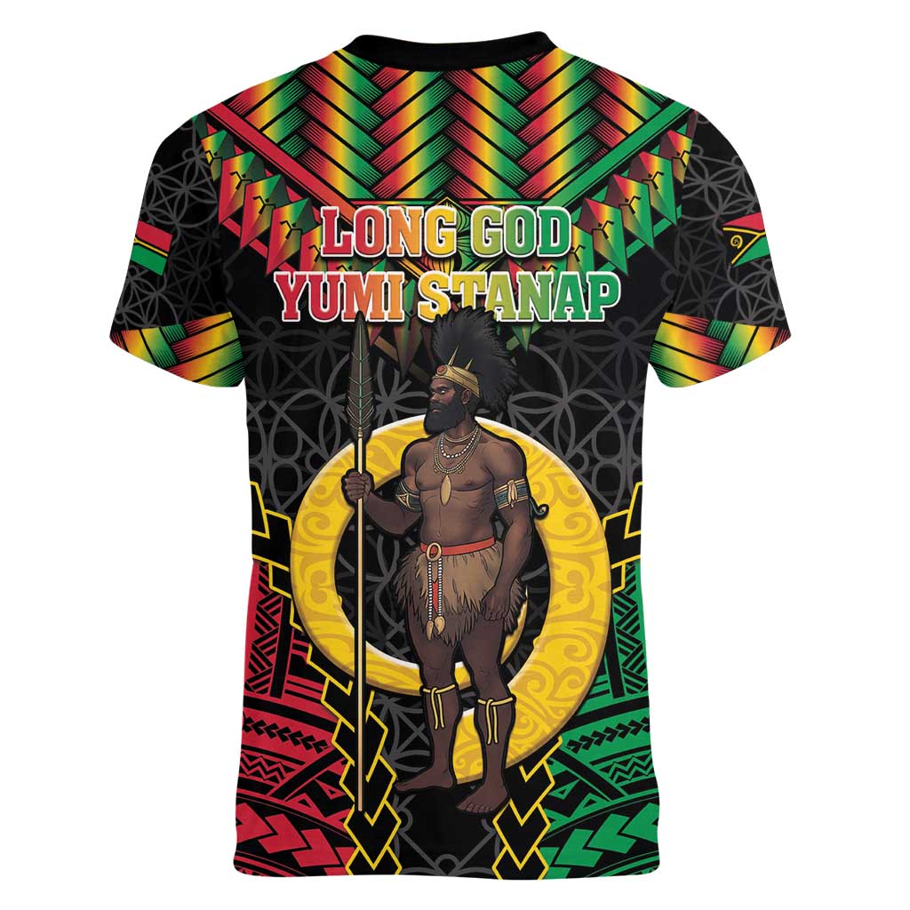 Vanuatu 45th Anniversary Independence Day Women V-Neck T-Shirt Melanesian Warrior With Sand Drawing Pattern LT05