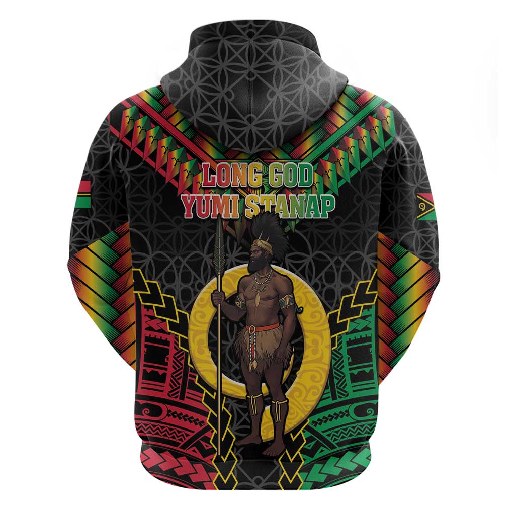Vanuatu 45th Anniversary Independence Day Zip Hoodie Melanesian Warrior With Sand Drawing Pattern LT05