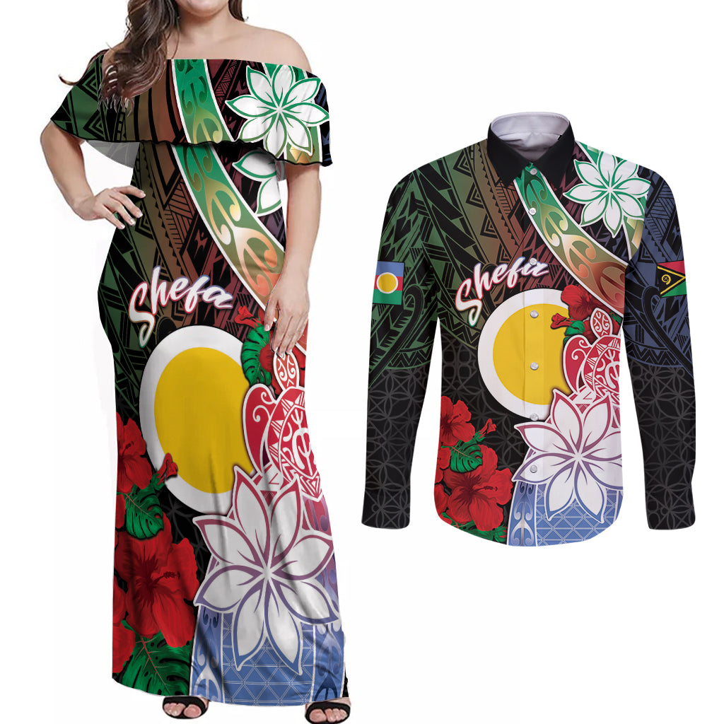 Personalised Vanuatu Shefa Day Couples Matching Off Shoulder Maxi Dress and Long Sleeve Button Shirt Floral Pattern LT05 Black - Polynesian Pride