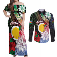 Personalised Vanuatu Shefa Day Couples Matching Off Shoulder Maxi Dress and Long Sleeve Button Shirt Floral Pattern LT05 Black - Polynesian Pride