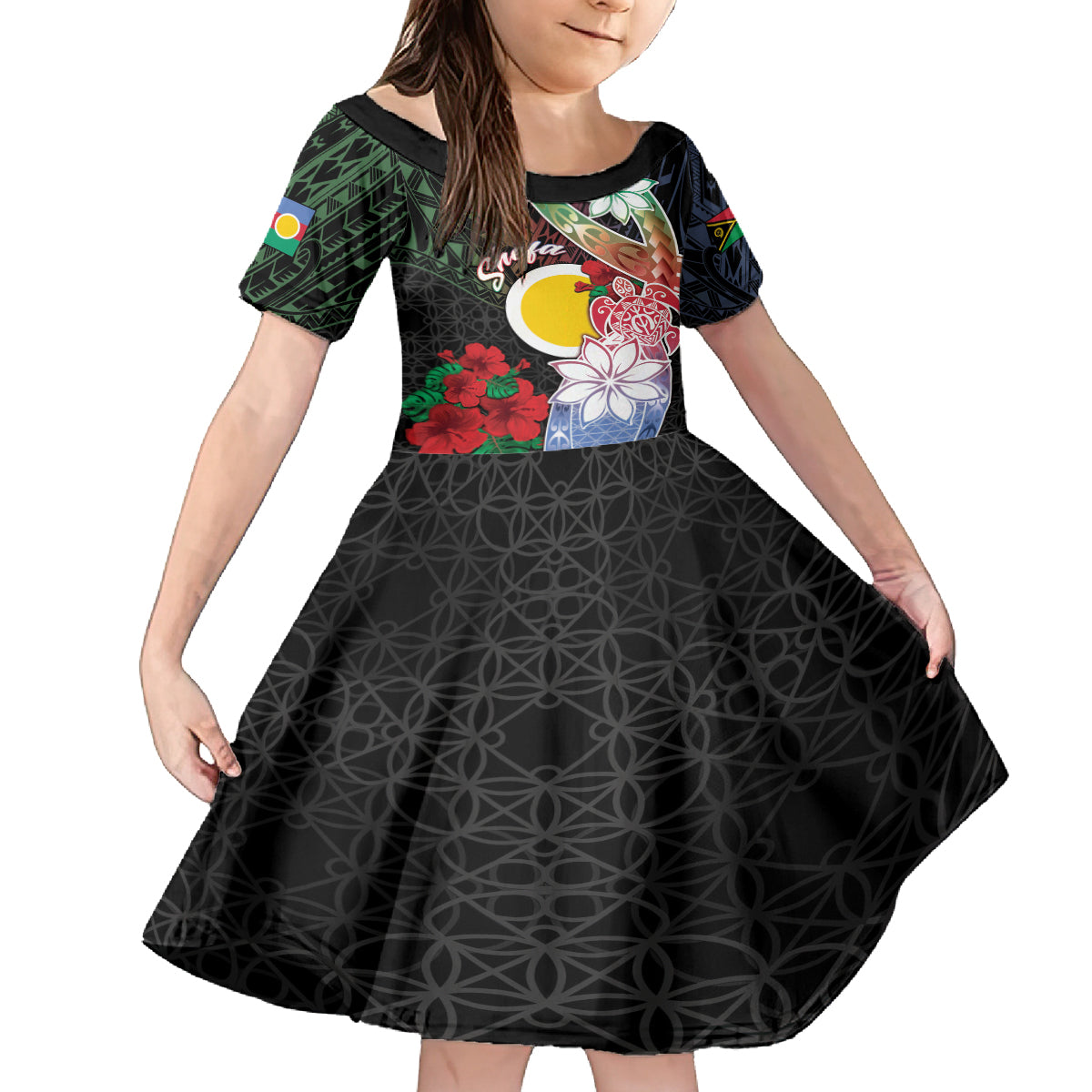 Personalised Vanuatu Shefa Day Family Matching Off Shoulder Short Dress and Hawaiian Shirt Floral Pattern LT05 Daughter's Dress Black - Polynesian Pride