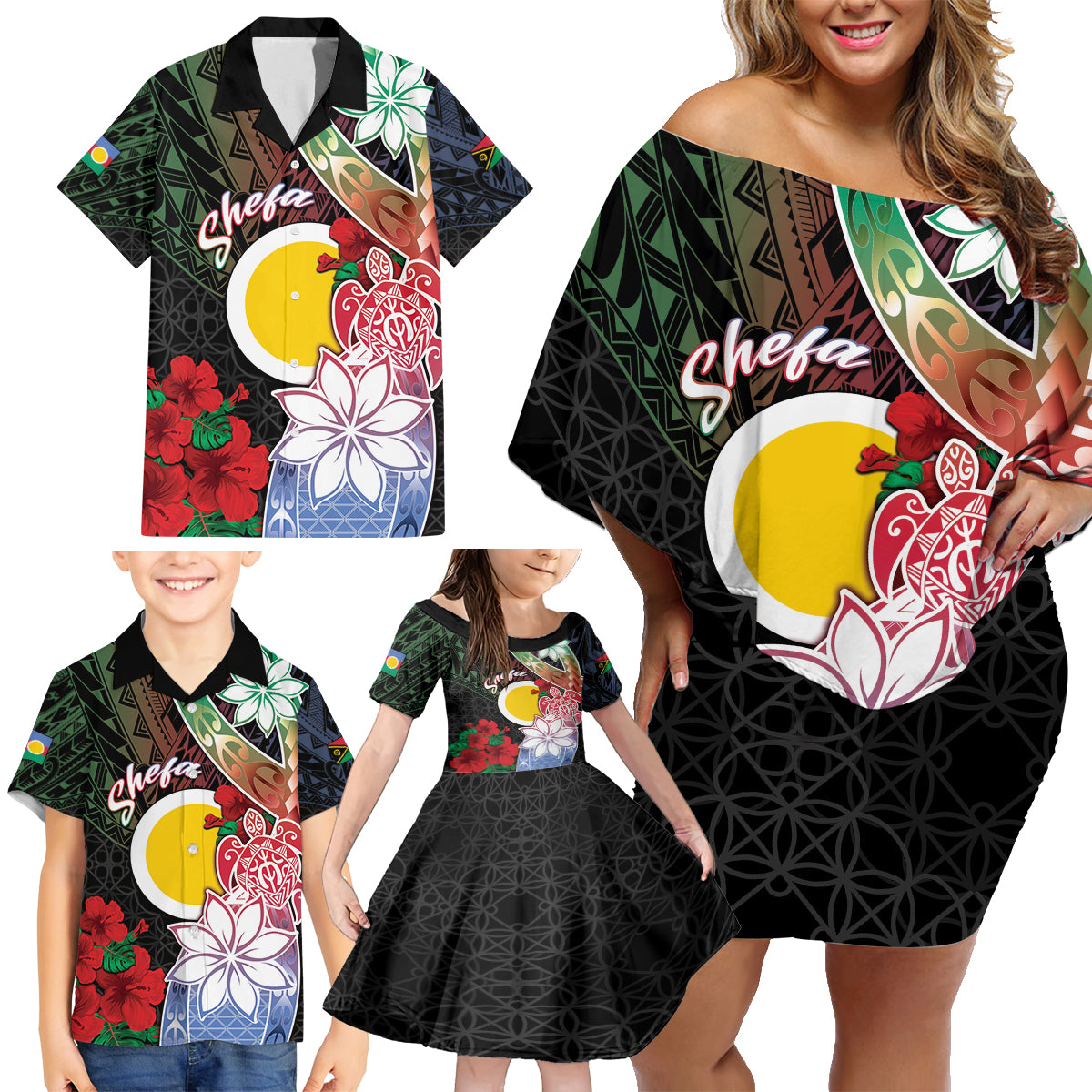 Personalised Vanuatu Shefa Day Family Matching Off Shoulder Short Dress and Hawaiian Shirt Floral Pattern LT05 - Polynesian Pride