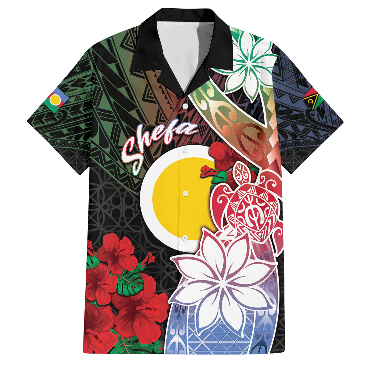 Personalised Vanuatu Shefa Day Family Matching Off Shoulder Short Dress and Hawaiian Shirt Floral Pattern LT05 Dad's Shirt - Short Sleeve Black - Polynesian Pride