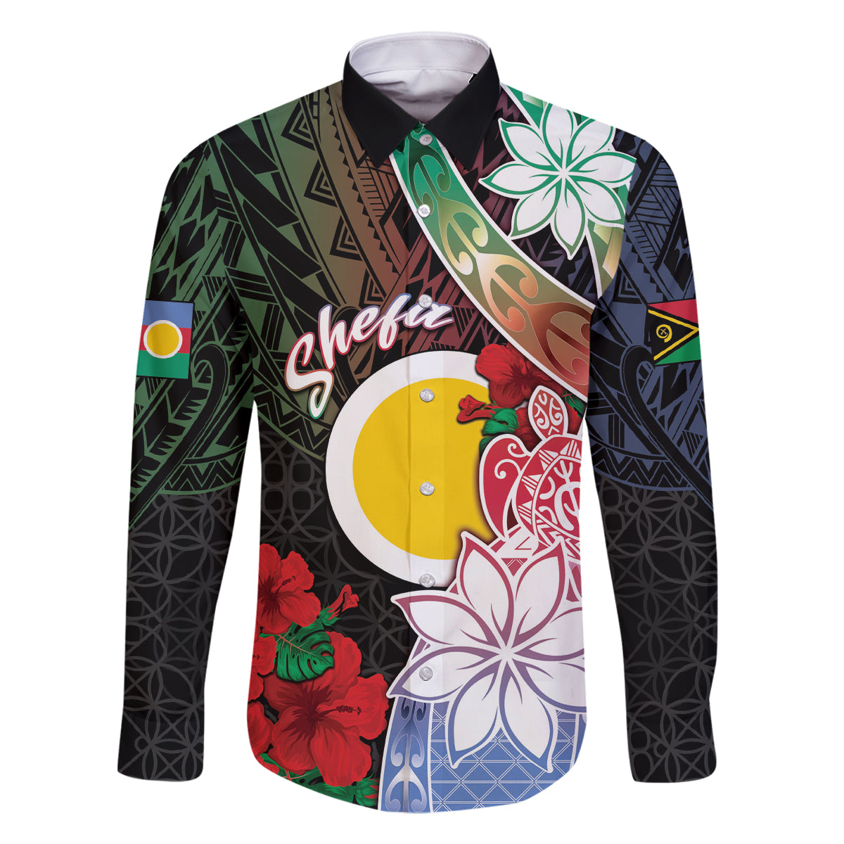 Personalised Vanuatu Shefa Day Family Matching Off Shoulder Short Dress and Hawaiian Shirt Floral Pattern LT05 Dad's Shirt - Long Sleeve Black - Polynesian Pride