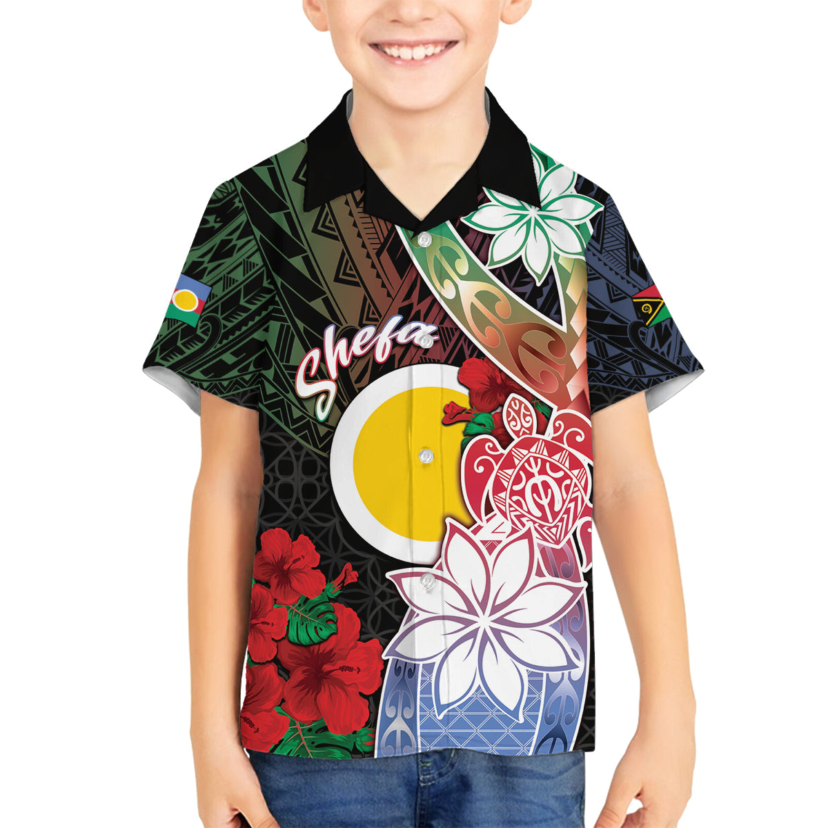 Personalised Vanuatu Shefa Day Family Matching Off Shoulder Short Dress and Hawaiian Shirt Floral Pattern LT05 Son's Shirt Black - Polynesian Pride