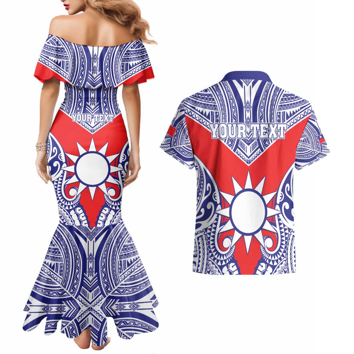 Personalised Taiwan Couples Matching Mermaid Dress and Hawaiian Shirt Austronesian Tribal Tattoo Red - Polynesian Pride