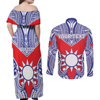 Personalised Taiwan Couples Matching Off Shoulder Maxi Dress and Long Sleeve Button Shirt Austronesian Tribal Tattoo Red - Polynesian Pride