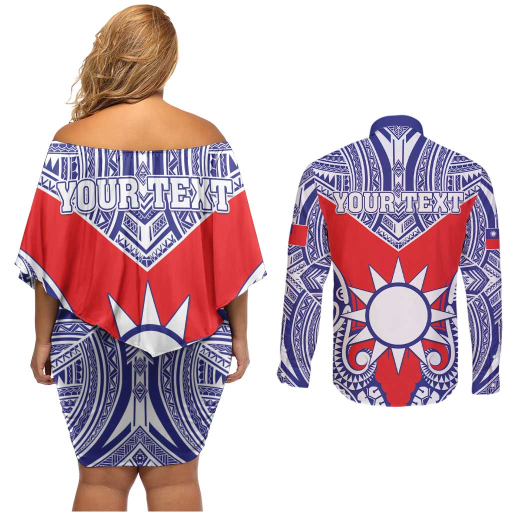 Personalised Taiwan Couples Matching Off Shoulder Short Dress and Long Sleeve Button Shirt Austronesian Tribal Tattoo Red - Polynesian Pride