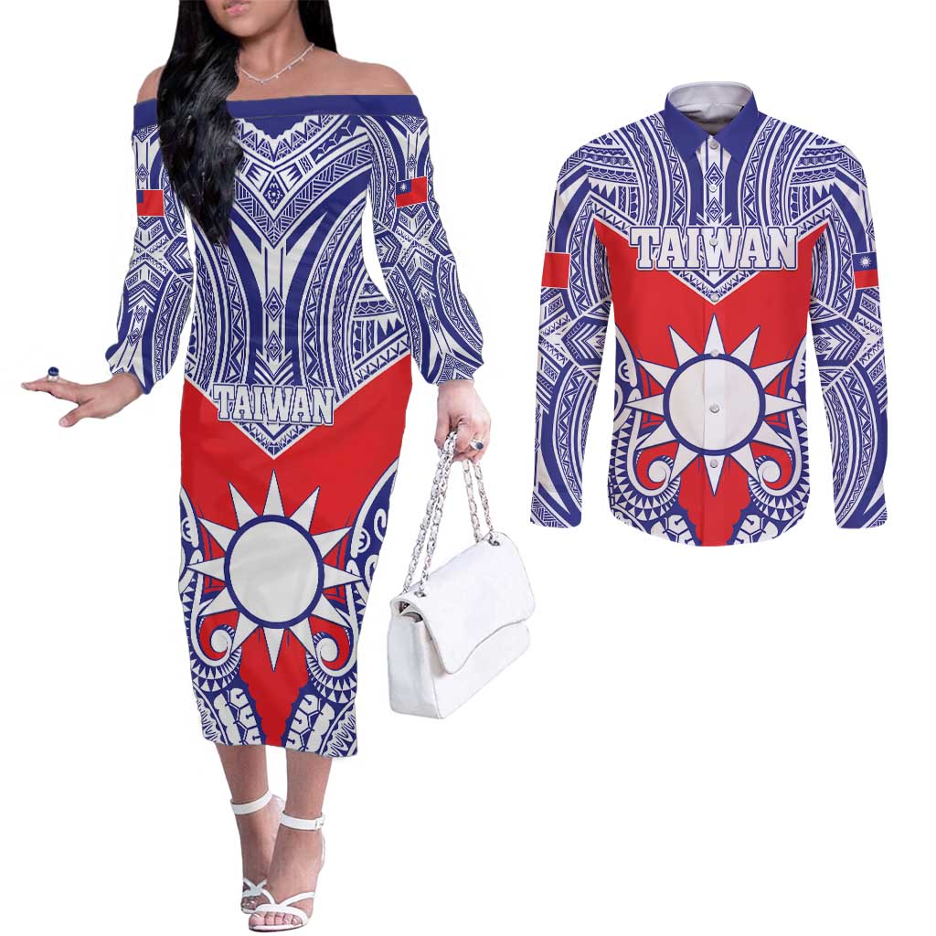 Personalised Taiwan Couples Matching Off The Shoulder Long Sleeve Dress and Long Sleeve Button Shirt Austronesian Tribal Tattoo Red - Polynesian Pride
