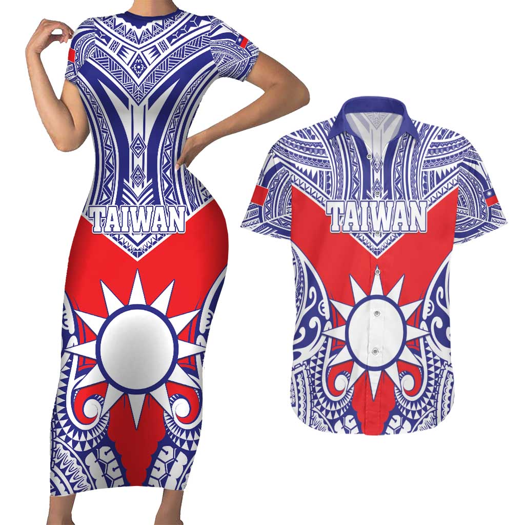 Personalised Taiwan Couples Matching Short Sleeve Bodycon Dress and Hawaiian Shirt Austronesian Tribal Tattoo Red - Polynesian Pride