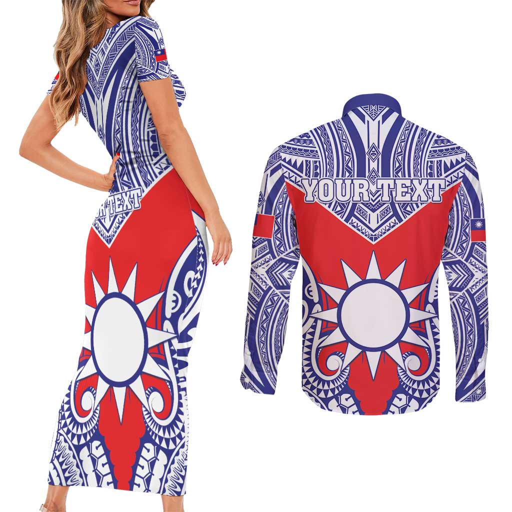 Personalised Taiwan Couples Matching Short Sleeve Bodycon Dress and Long Sleeve Button Shirt Austronesian Tribal Tattoo Red - Polynesian Pride