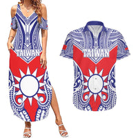 Personalised Taiwan Couples Matching Summer Maxi Dress and Hawaiian Shirt Austronesian Tribal Tattoo Red - Polynesian Pride