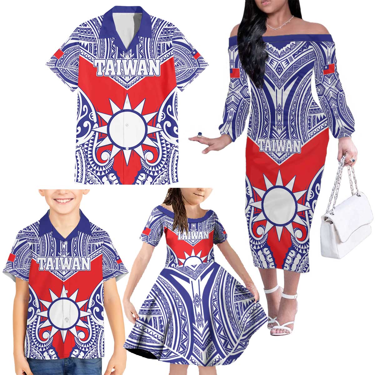 Personalised Taiwan Family Matching Off The Shoulder Long Sleeve Dress and Hawaiian Shirt Austronesian Tribal Tattoo Red - Polynesian Pride