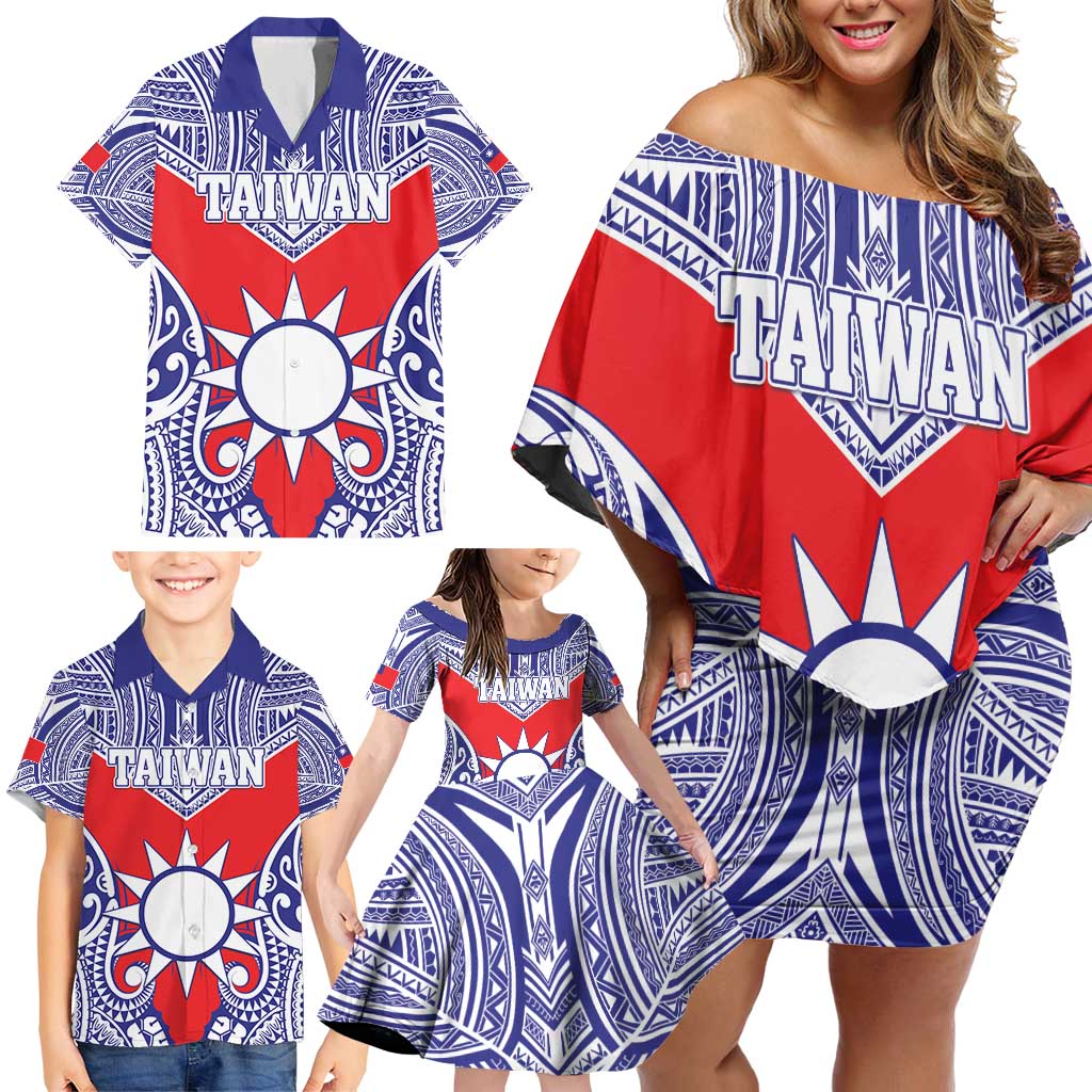 Personalised Taiwan Family Matching Off Shoulder Short Dress and Hawaiian Shirt Austronesian Tribal Tattoo Red - Polynesian Pride