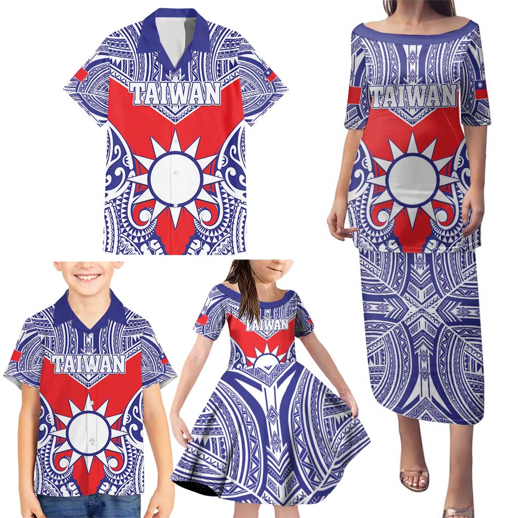 Personalised Taiwan Family Matching Puletasi and Hawaiian Shirt Austronesian Tribal Tattoo Red - Polynesian Pride