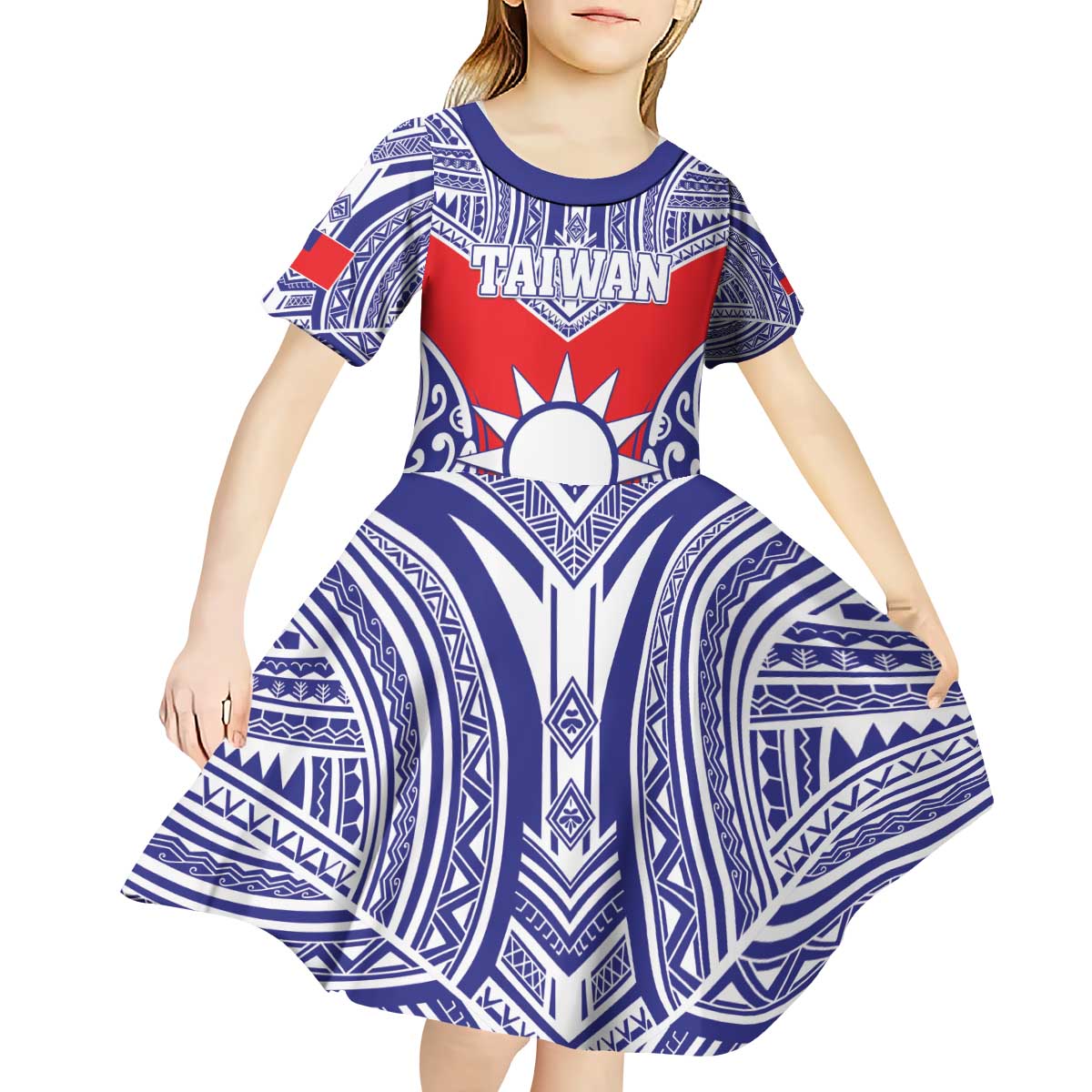 Personalised Taiwan Kid Short Sleeve Dress Austronesian Tribal Tattoo Red - Polynesian Pride