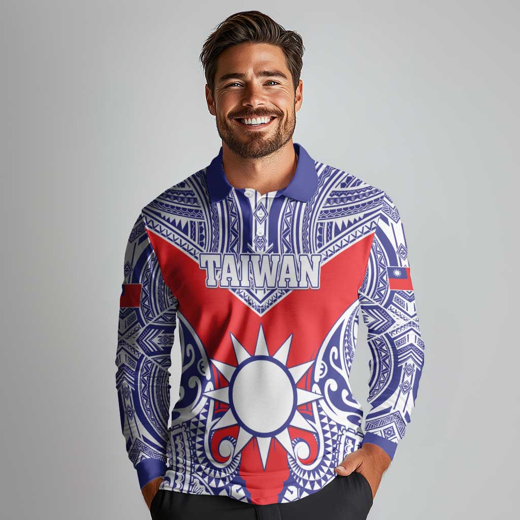 Personalised Taiwan Long Sleeve Polo Shirt Austronesian Tribal Tattoo Red - Polynesian Pride