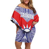 Personalised Taiwan Off Shoulder Short Dress Austronesian Tribal Tattoo Red - Polynesian Pride