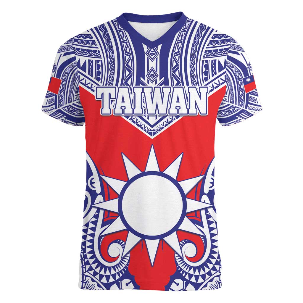 Personalised Taiwan Women V-Neck T-Shirt Austronesian Tribal Tattoo Red - Polynesian Pride