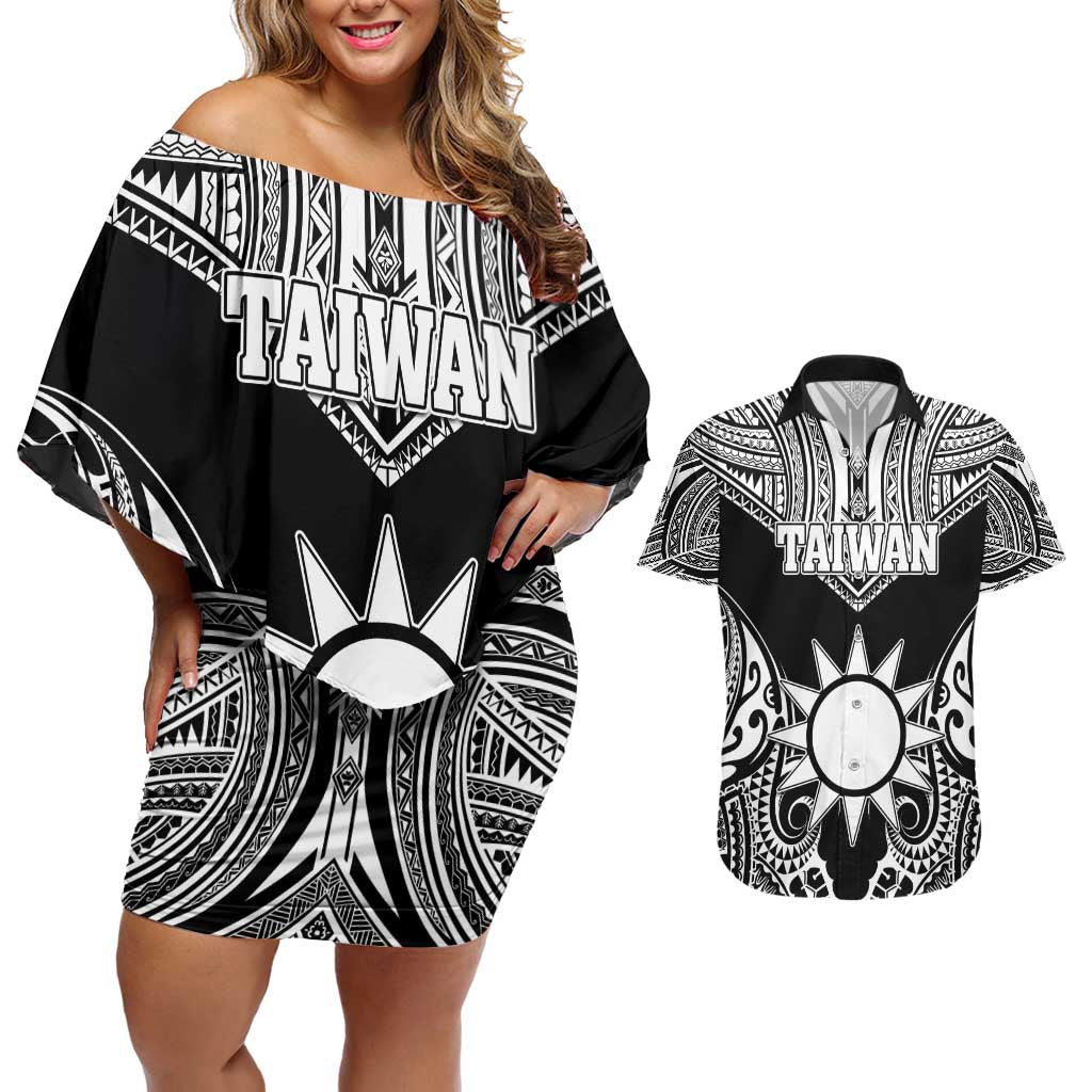 Personalised Taiwan Couples Matching Off Shoulder Short Dress and Hawaiian Shirt Austronesian Tribal Tattoo Black - Polynesian Pride