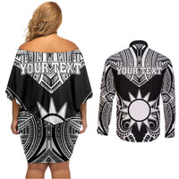 Personalised Taiwan Couples Matching Off Shoulder Short Dress and Long Sleeve Button Shirt Austronesian Tribal Tattoo Black - Polynesian Pride