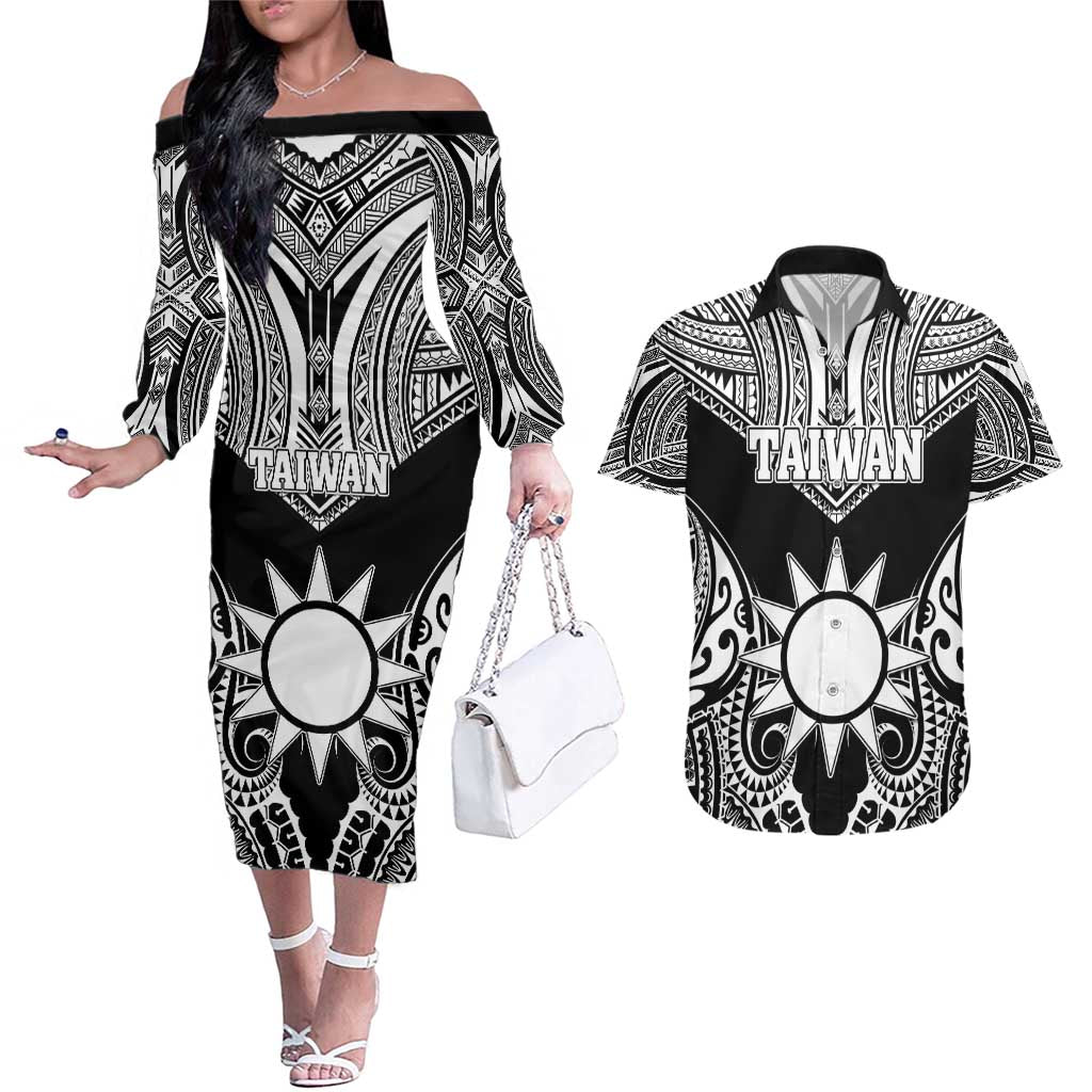 Personalised Taiwan Couples Matching Off The Shoulder Long Sleeve Dress and Hawaiian Shirt Austronesian Tribal Tattoo Black - Polynesian Pride