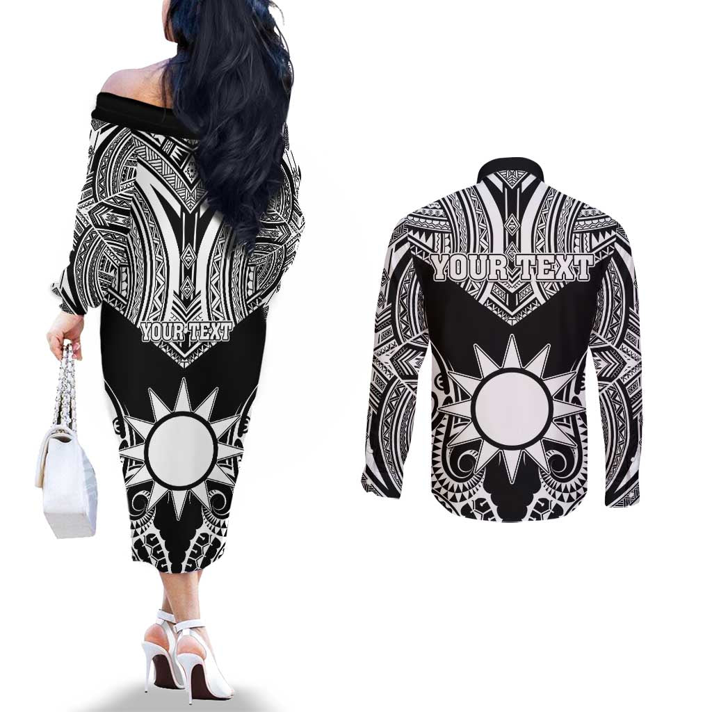 Personalised Taiwan Couples Matching Off The Shoulder Long Sleeve Dress and Long Sleeve Button Shirt Austronesian Tribal Tattoo Black - Polynesian Pride