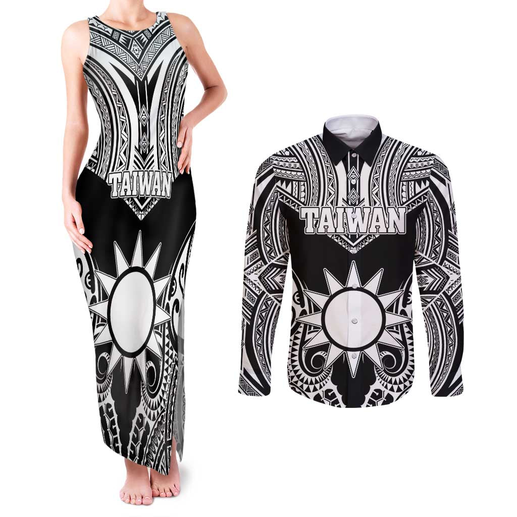 Personalised Taiwan Couples Matching Tank Maxi Dress and Long Sleeve Button Shirt Austronesian Tribal Tattoo Black - Polynesian Pride