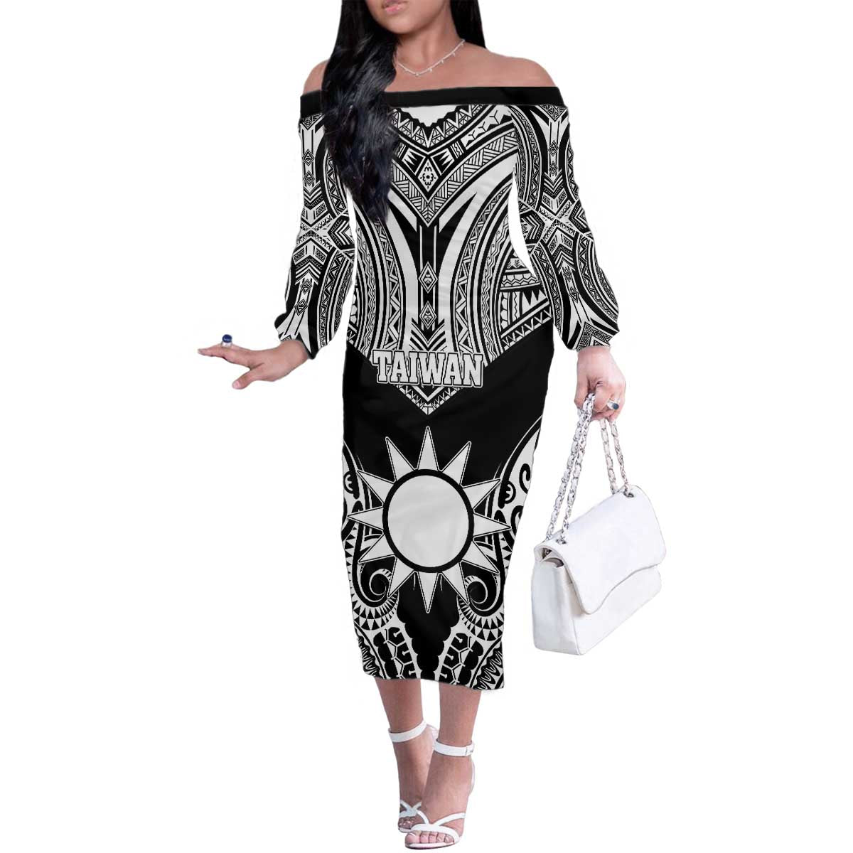 Personalised Taiwan Family Matching Off The Shoulder Long Sleeve Dress and Hawaiian Shirt Austronesian Tribal Tattoo Black - Polynesian Pride