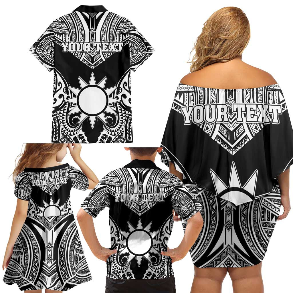 Personalised Taiwan Family Matching Off Shoulder Short Dress and Hawaiian Shirt Austronesian Tribal Tattoo Black - Polynesian Pride